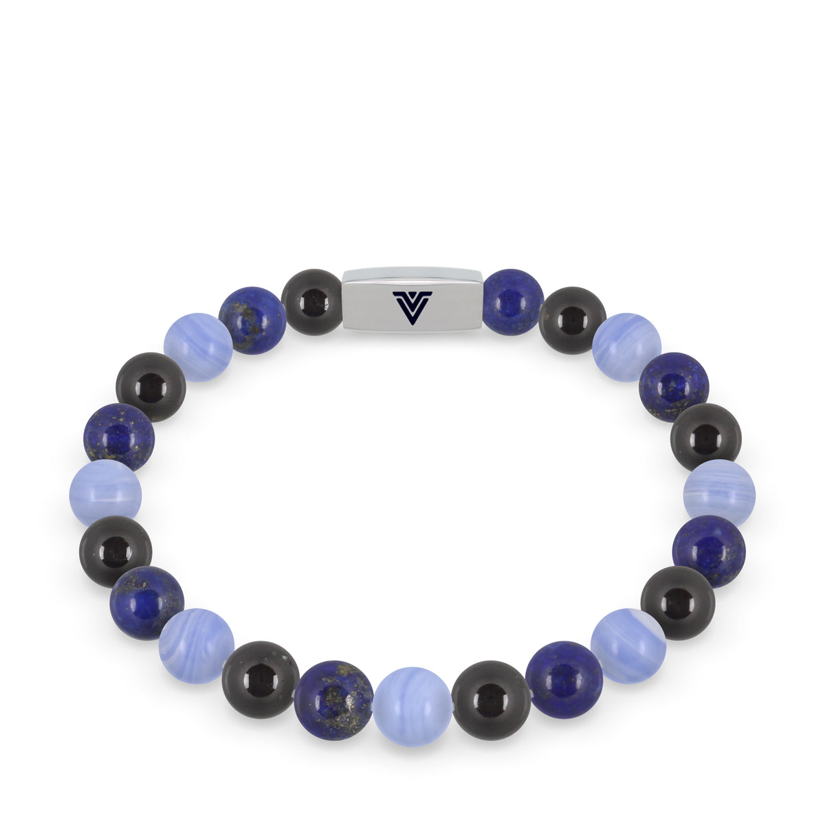 Front view of an 8mm Libra Zodiac beaded stretch bracelet featuring Black Tourmaline, Lapis Lazuli, & Blue Lace Agate crystal and silver stainless steel logo bead made by Voltlin