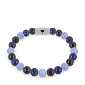 Front view of an 8mm Libra Zodiac beaded stretch bracelet featuring Black Tourmaline, Lapis Lazuli, & Blue Lace Agate crystal and silver stainless steel logo bead made by Voltlin