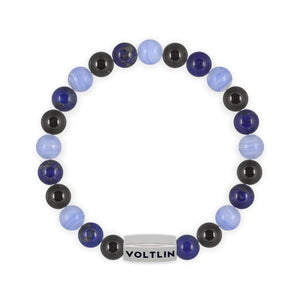 Top view of an 8mm Libra Zodiac beaded stretch bracelet featuring Black Tourmaline, Lapis Lazuli, & Blue Lace Agate crystal and silver stainless steel logo bead made by Voltlin