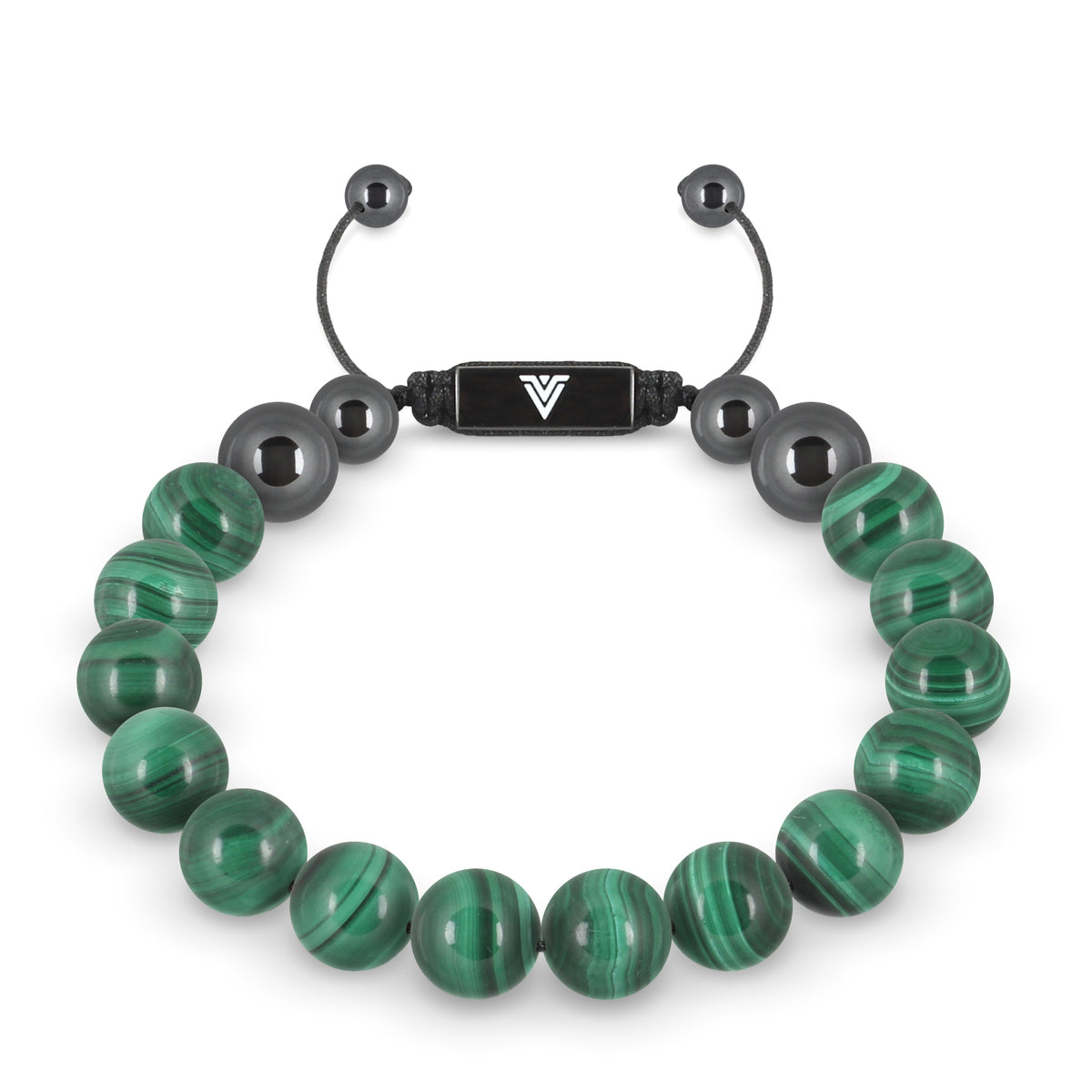 Front view of a 10mm Malachite crystal beaded shamballa bracelet with black stainless steel logo bead made by Voltlin