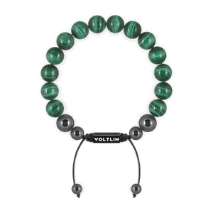 Top view of a 10mm Malachite crystal beaded shamballa bracelet with black stainless steel logo bead made by Voltlin