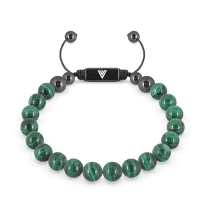 Front view of an 8mm Malachite crystal beaded shamballa bracelet with black stainless steel logo bead made by Voltlin