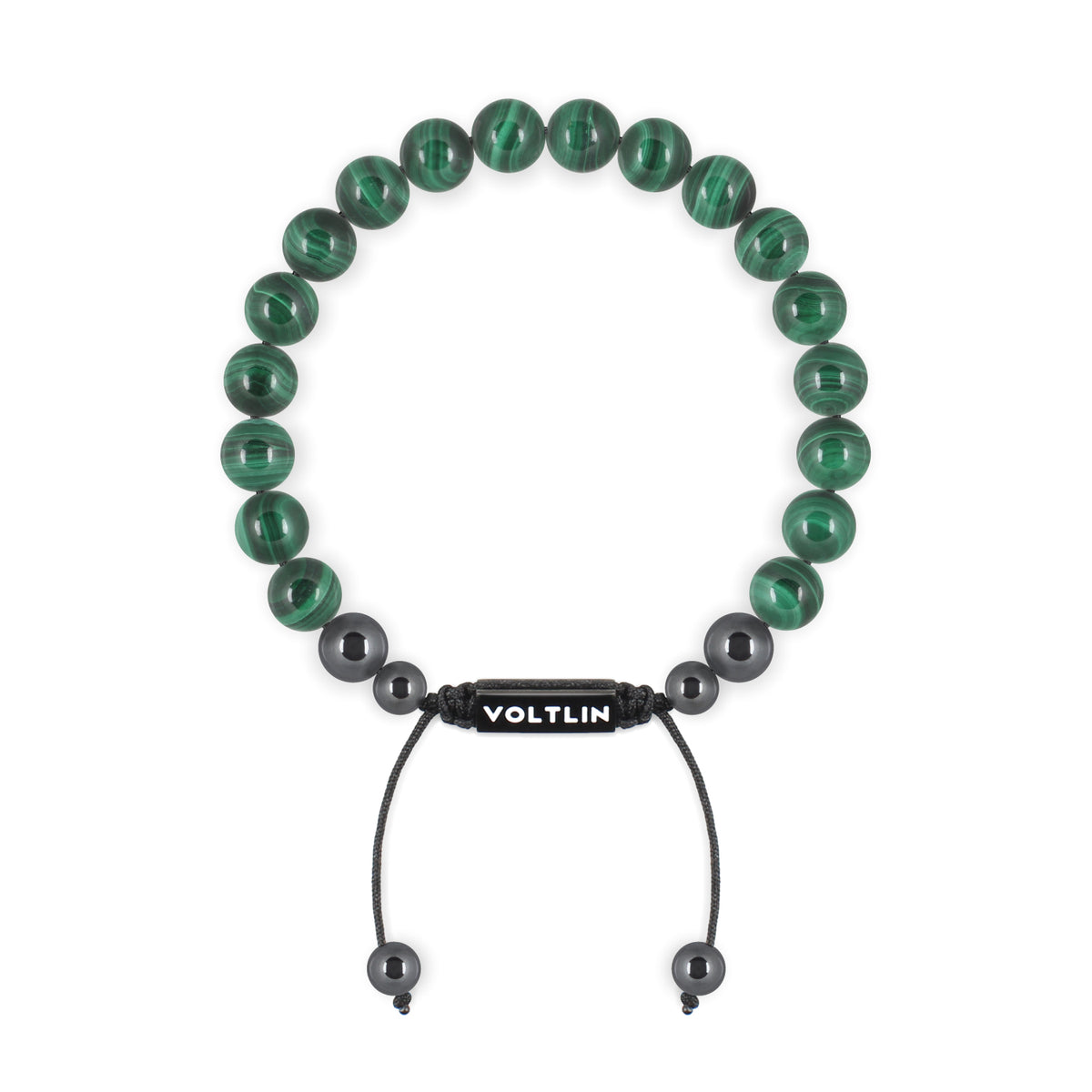 Top view of an 8mm Malachite crystal beaded shamballa bracelet with black stainless steel logo bead made by Voltlin