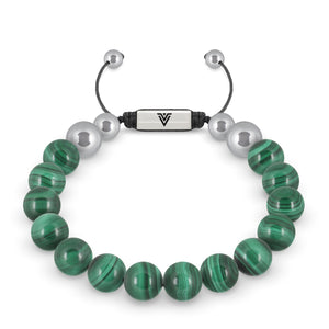 Front view of a 10mm Malachite beaded shamballa bracelet with silver stainless steel logo bead made by Voltlin