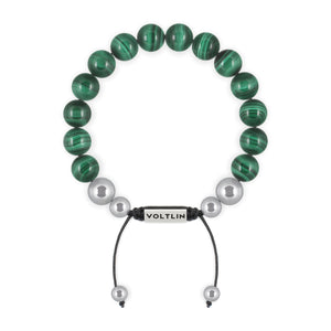 Top view of a 10mm Malachite beaded shamballa bracelet with silver stainless steel logo bead made by Voltlin