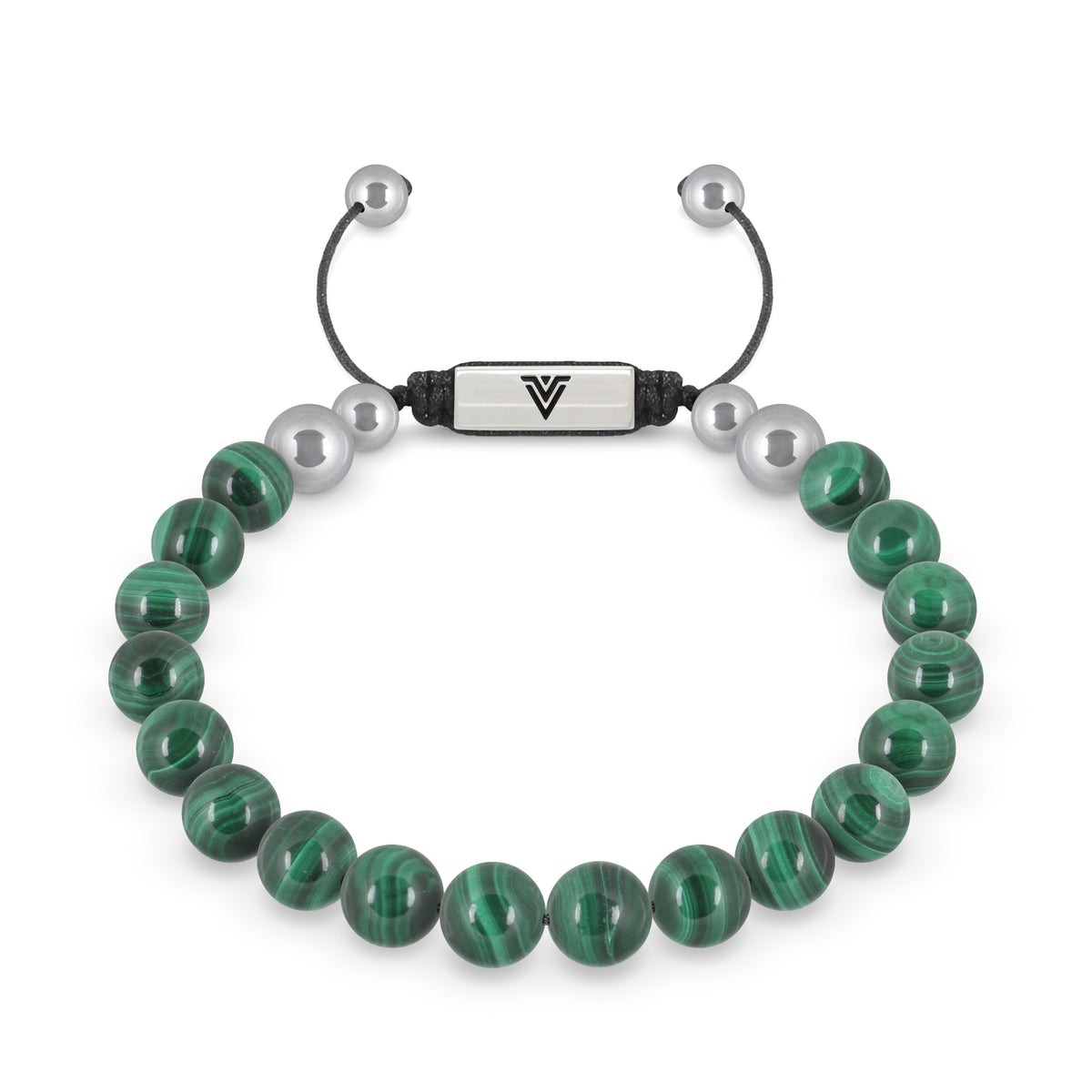 Front view of an 8mm Malachite beaded shamballa bracelet with silver stainless steel logo bead made by Voltlin