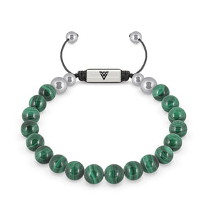 Front view of an 8mm Malachite beaded shamballa bracelet with silver stainless steel logo bead made by Voltlin