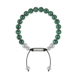 Top view of an 8mm Malachite beaded shamballa bracelet with silver stainless steel logo bead made by Voltlin