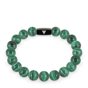 Front view of a 10mm Malachite crystal beaded stretch bracelet with black stainless steel logo bead made by Voltlin