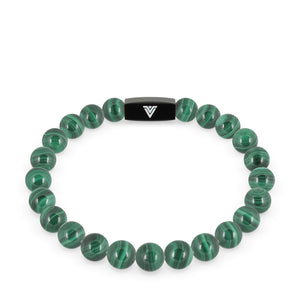 Front view of an 8mm Malachite crystal beaded stretch bracelet with black stainless steel logo bead made by Voltlin
