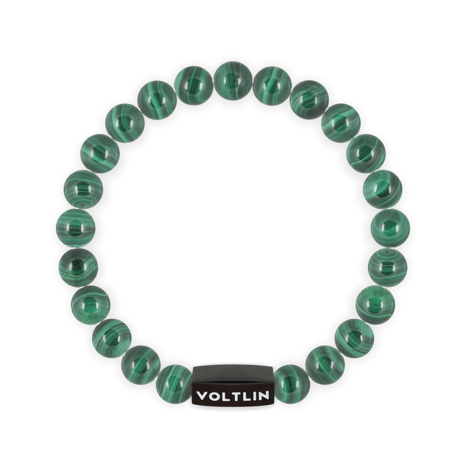 Front view of an 8mm Malachite crystal beaded stretch bracelet with black stainless steel logo bead made by Voltlin