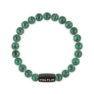 Top view of an 8mm Malachite crystal beaded stretch bracelet with black stainless steel logo bead made by Voltlin