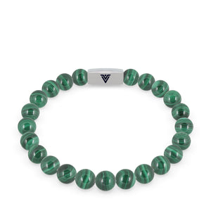 Front view of an 8mm Malachite beaded stretch bracelet with silver stainless steel logo bead made by Voltlin