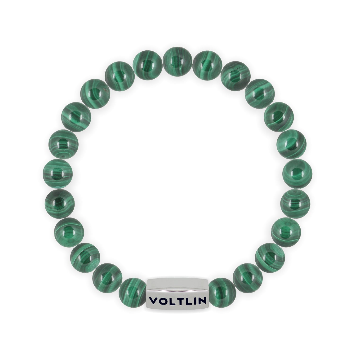 Top view of an 8mm Malachite beaded stretch bracelet with silver stainless steel logo bead made by Voltlin