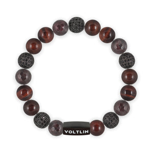 Top view of a 10 mm Maroon Sirius beaded stretch bracelet featuring Faceted Garnet, Black Pave, Rosewood, & Red Tiger’s Eye crystal and black stainless steel logo bead made by Voltlin