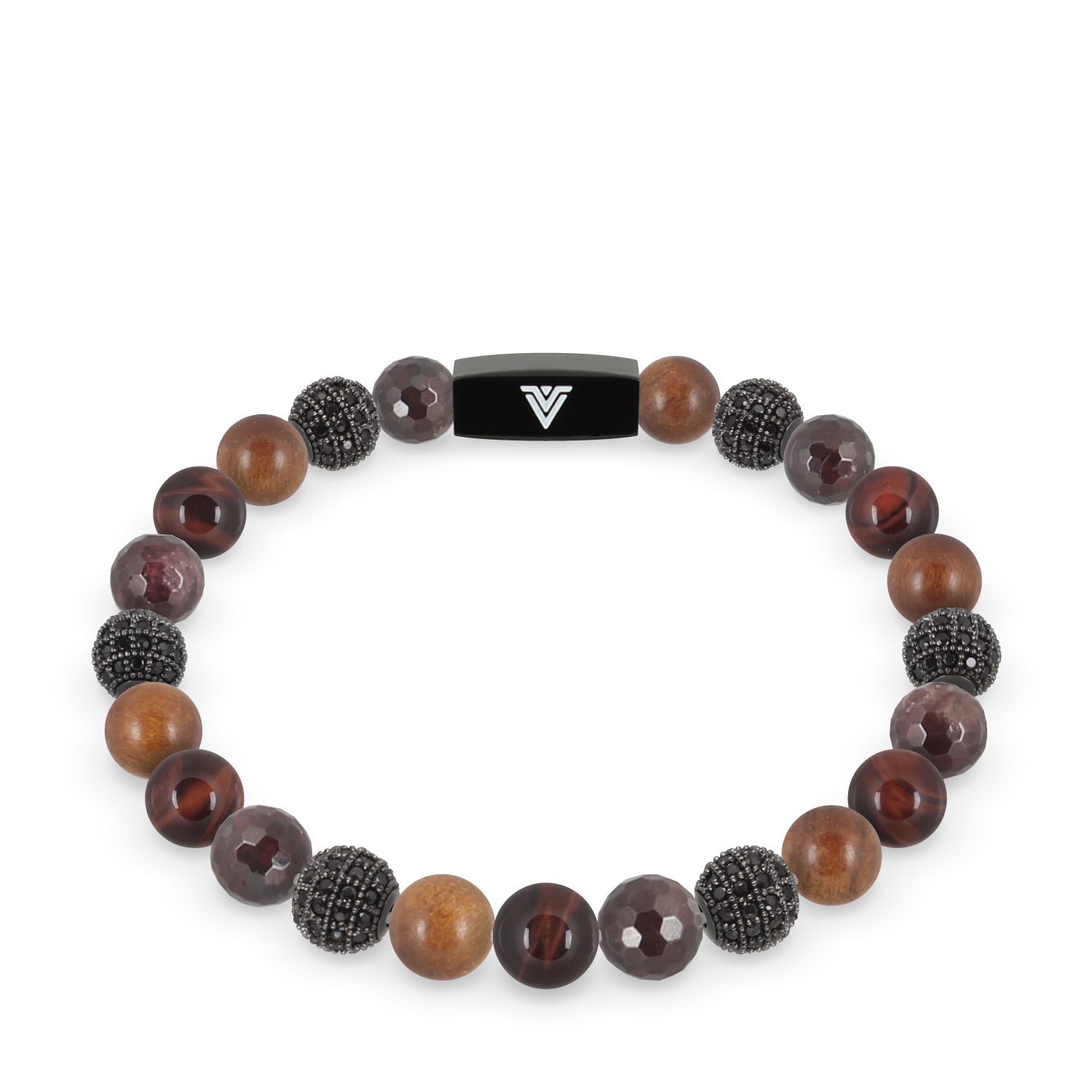 Front view of an 8mm Maroon Sirius beaded stretch bracelet featuring Faceted Garnet, Black Pave, Rosewood, & Red Tiger’s Eye crystal and black stainless steel logo bead made by Voltlin