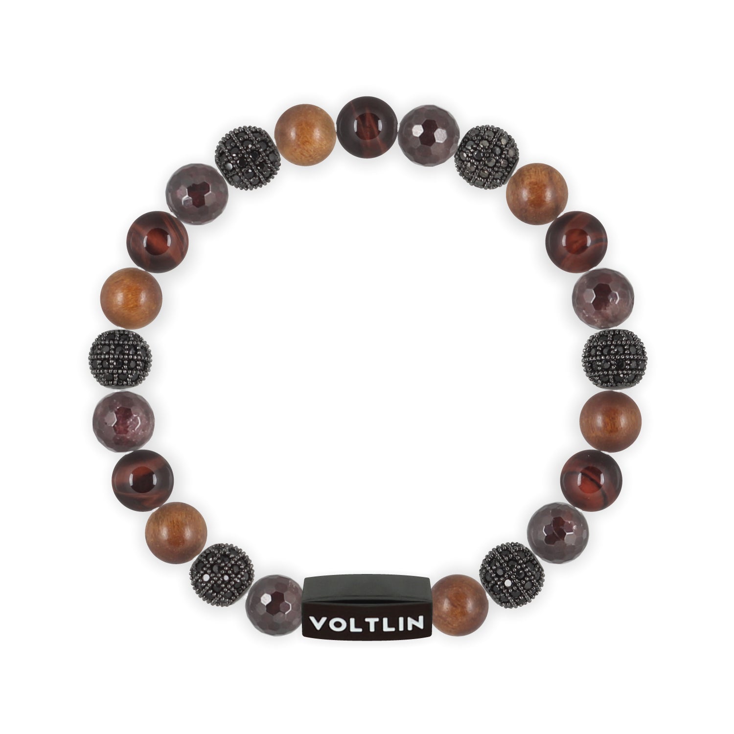 Front view of an 8mm Maroon Sirius beaded stretch bracelet featuring Faceted Garnet, Black Pave, Rosewood, & Red Tiger’s Eye crystal and black stainless steel logo bead made by Voltlin
