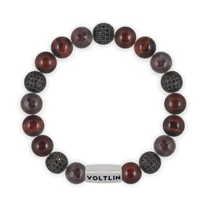 Top view of a 10mm Maroon Sirius beaded stretch bracelet featuring Faceted Garnet, Black Pave, Rosewood, & Red Tiger’s Eye crystal and silver stainless steel logo bead made by Voltlin