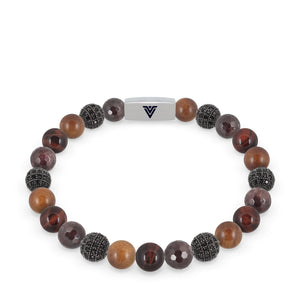 Front view of an 8mm Maroon Sirius beaded stretch bracelet featuring Faceted Garnet, Black Pave, Rosewood, & Red Tiger’s Eye crystal and silver stainless steel logo bead made by Voltlin