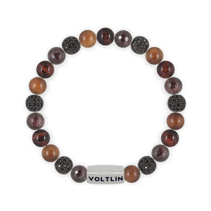 Top view of an 8mm Maroon Sirius beaded stretch bracelet featuring Faceted Garnet, Black Pave, Rosewood, & Red Tiger’s Eye crystal and silver stainless steel logo bead made by Voltlin