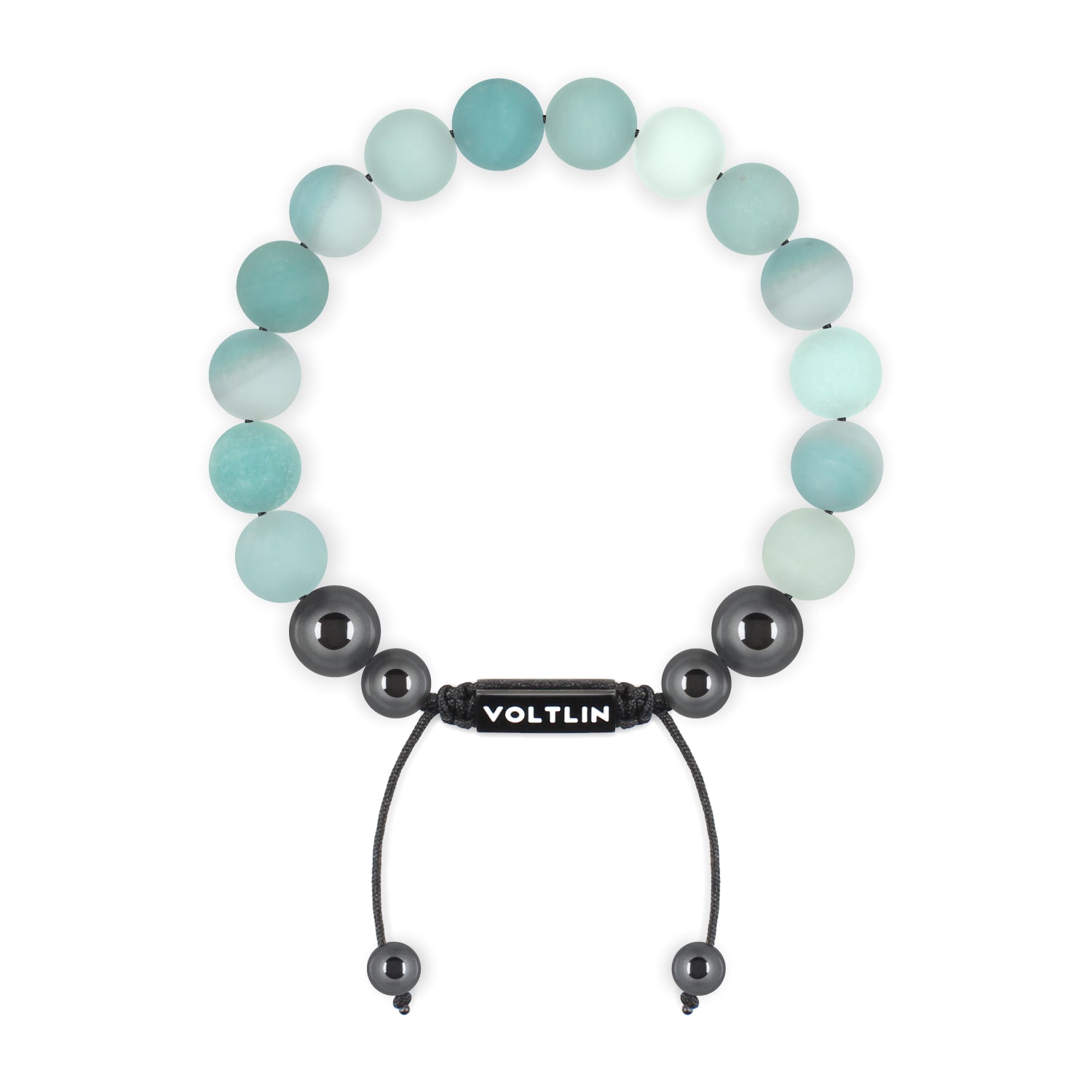 Top view of a 10mm Matte Amazonite crystal beaded shamballa bracelet with black stainless steel logo bead made by Voltlin