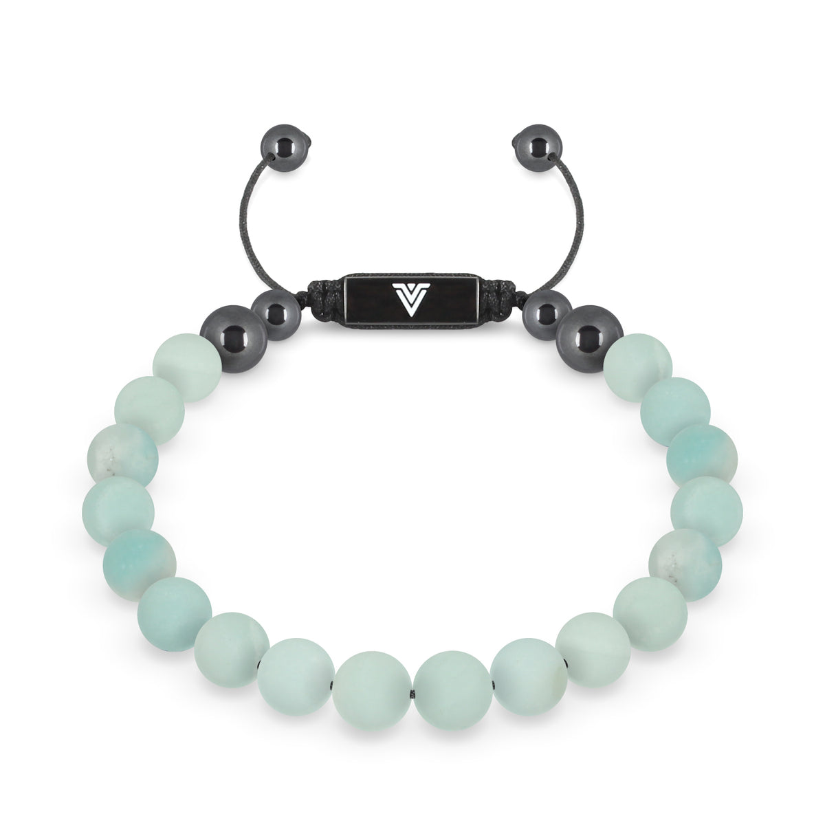 Front view of an 8mm Matte Amazonite crystal beaded shamballa bracelet with black stainless steel logo bead made by Voltlin
