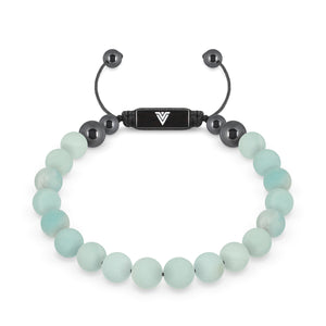 Front view of an 8mm Matte Amazonite crystal beaded shamballa bracelet with black stainless steel logo bead made by Voltlin