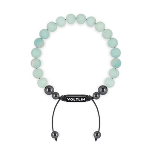 Top view of an 8mm Matte Amazonite crystal beaded shamballa bracelet with black stainless steel logo bead made by Voltlin