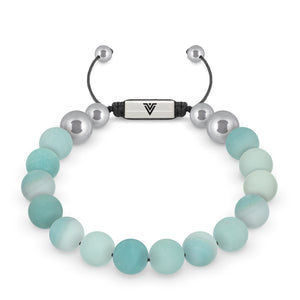 Front view of a 10mm Matte Amazonite beaded shamballa bracelet with silver stainless steel logo bead made by Voltlin