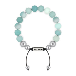 Top view of a 10mm Matte Amazonite beaded shamballa bracelet with silver stainless steel logo bead made by Voltlin