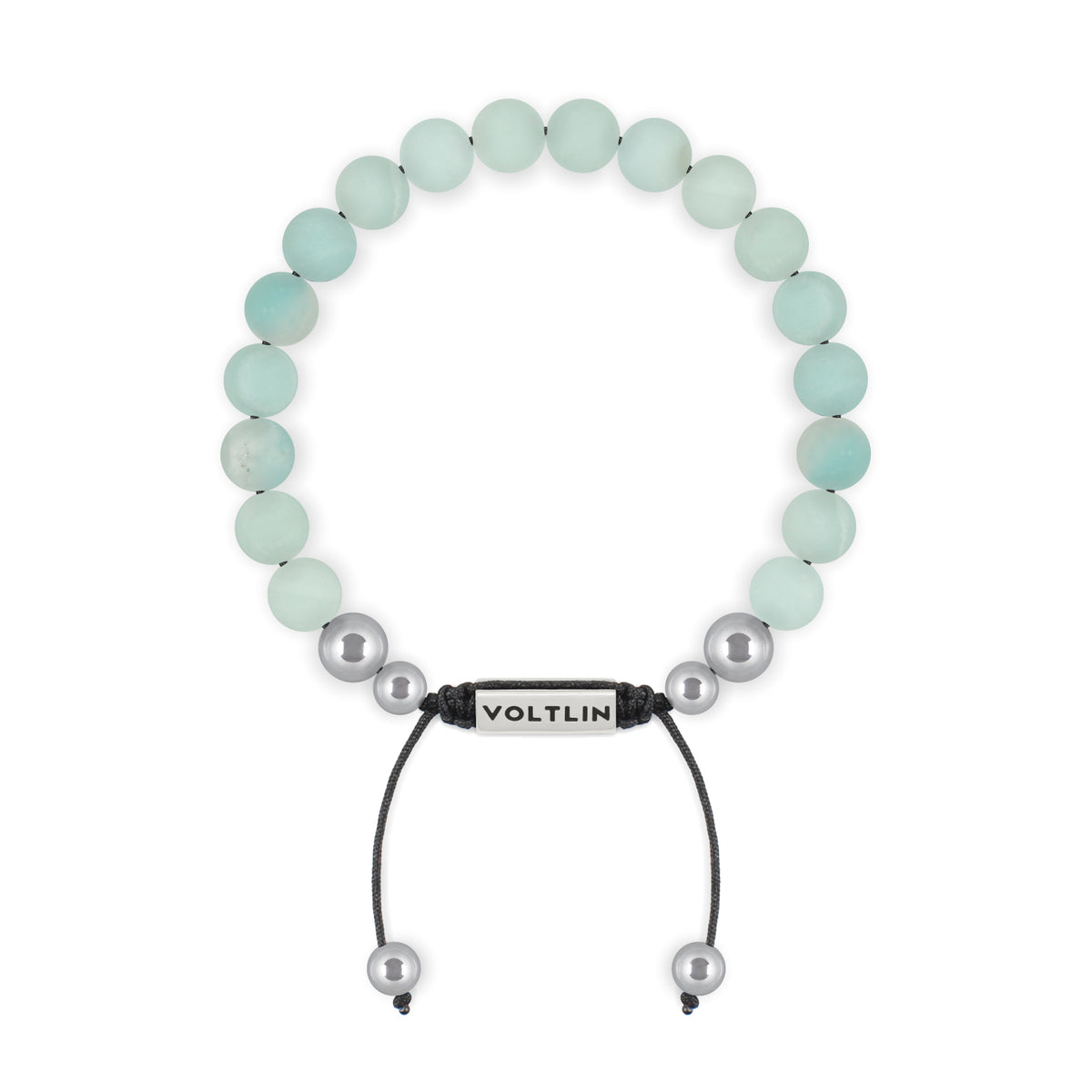 Top view of an 8mm Matte Amazonite beaded shamballa bracelet with silver stainless steel logo bead made by Voltlin