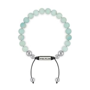 Top view of an 8mm Matte Amazonite beaded shamballa bracelet with silver stainless steel logo bead made by Voltlin