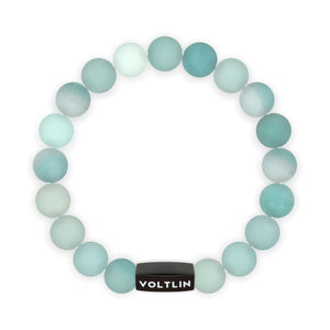 Top view of a 10mm Matte Amazonite crystal beaded stretch bracelet with black stainless steel logo bead made by Voltlin