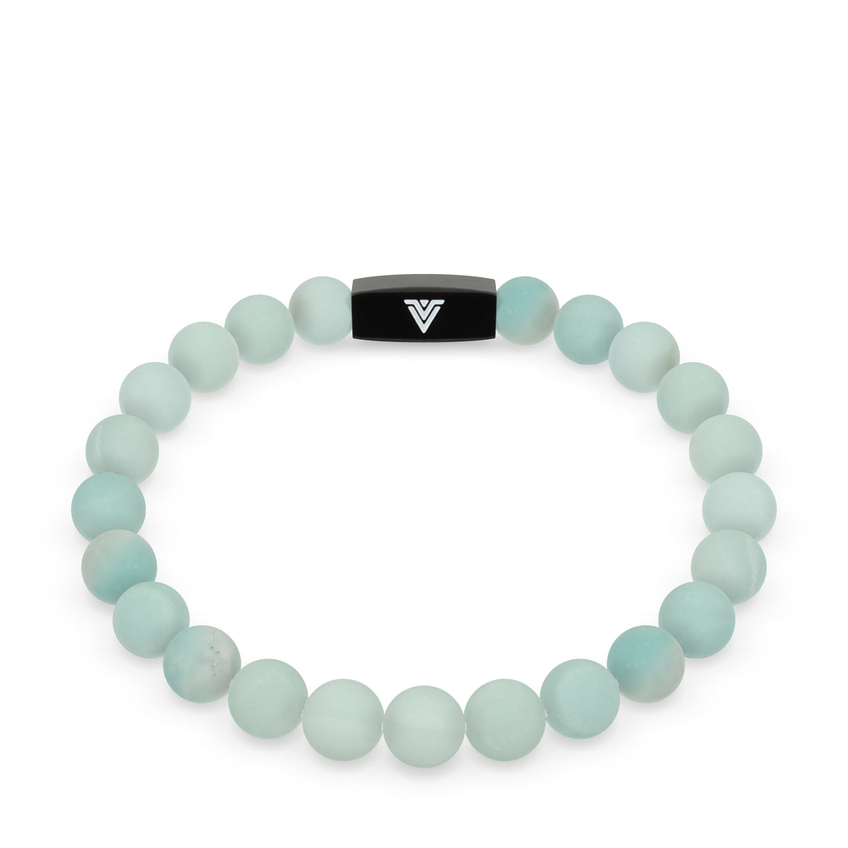 Front view of an 8mm Matte Amazonite crystal beaded stretch bracelet with black stainless steel logo bead made by Voltlin