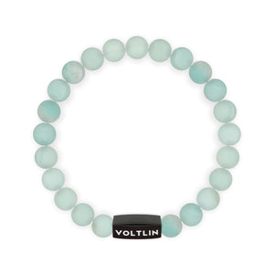 Top view of an 8mm Matte Amazonite crystal beaded stretch bracelet with black stainless steel logo bead made by Voltlin