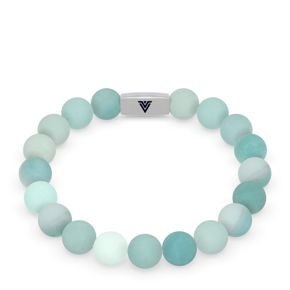 Front view of a 10 mm Matte Amazonite beaded stretch bracelet with silver stainless steel logo bead made by Voltlin