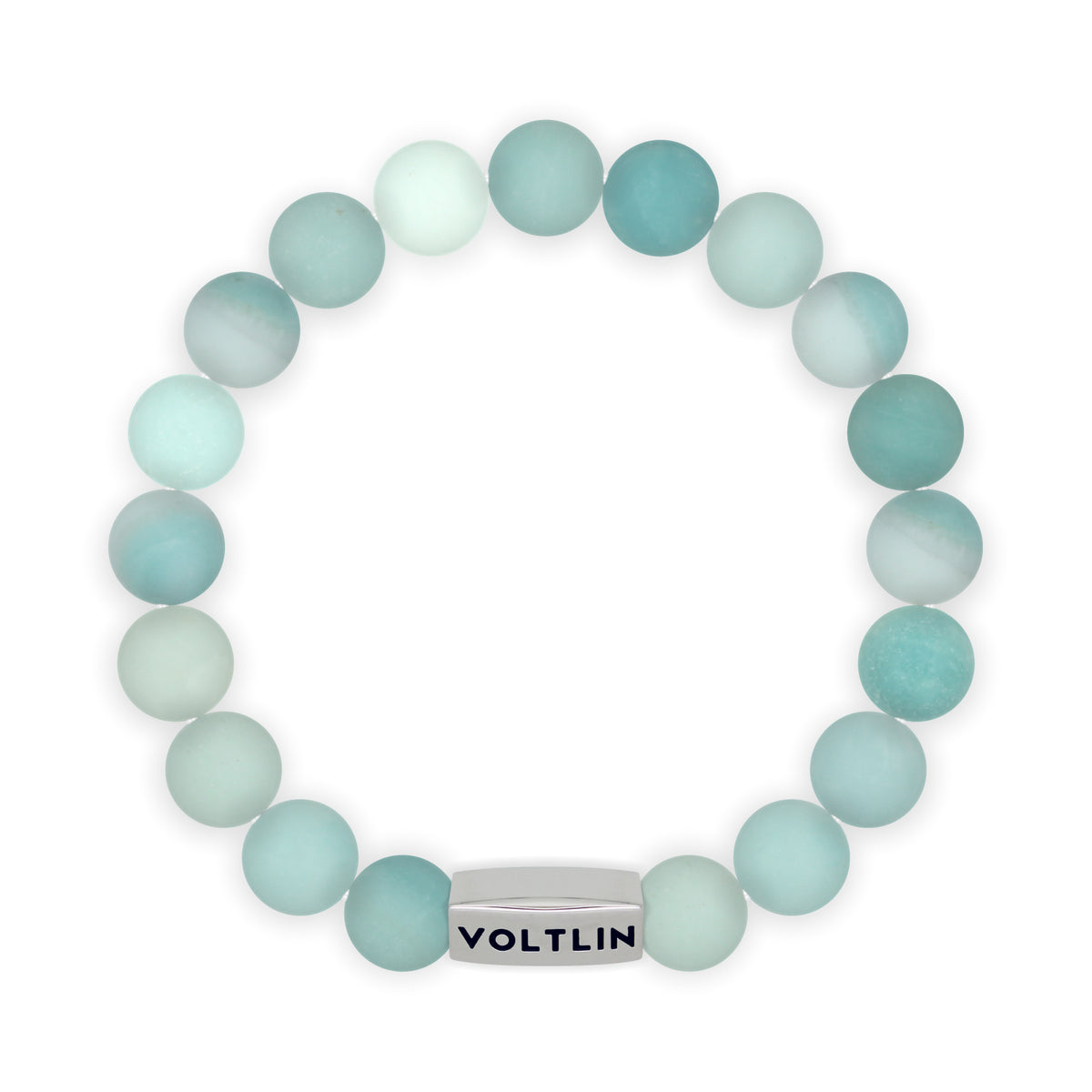 Top view of a 10mm Matte Amazonite beaded stretch bracelet with silver stainless steel logo bead made by Voltlin