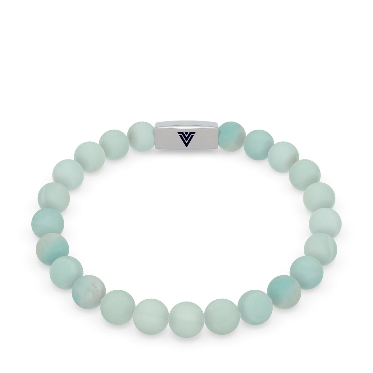 Front view of an 8mm Matte Amazonite beaded stretch bracelet with silver stainless steel logo bead made by Voltlin