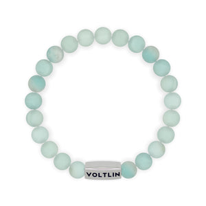 Top view of an 8 mm Matte Amazonite beaded stretch bracelet with silver stainless steel logo bead made by Voltlin