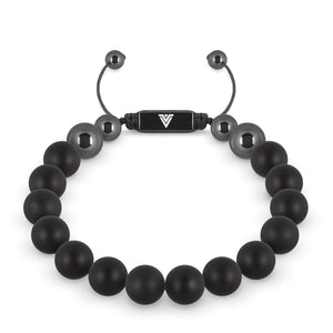 Front view of a 10mm Matte Onyx crystal beaded shamballa bracelet with black stainless steel logo bead made by Voltlin