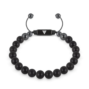 Front view of an 8mm Matte Onyx crystal beaded shamballa bracelet with black stainless steel logo bead made by Voltlin