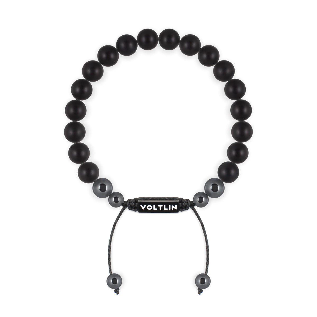 Top view of an 8mm Matte Onyx crystal beaded shamballa bracelet with black stainless steel logo bead made by Voltlin