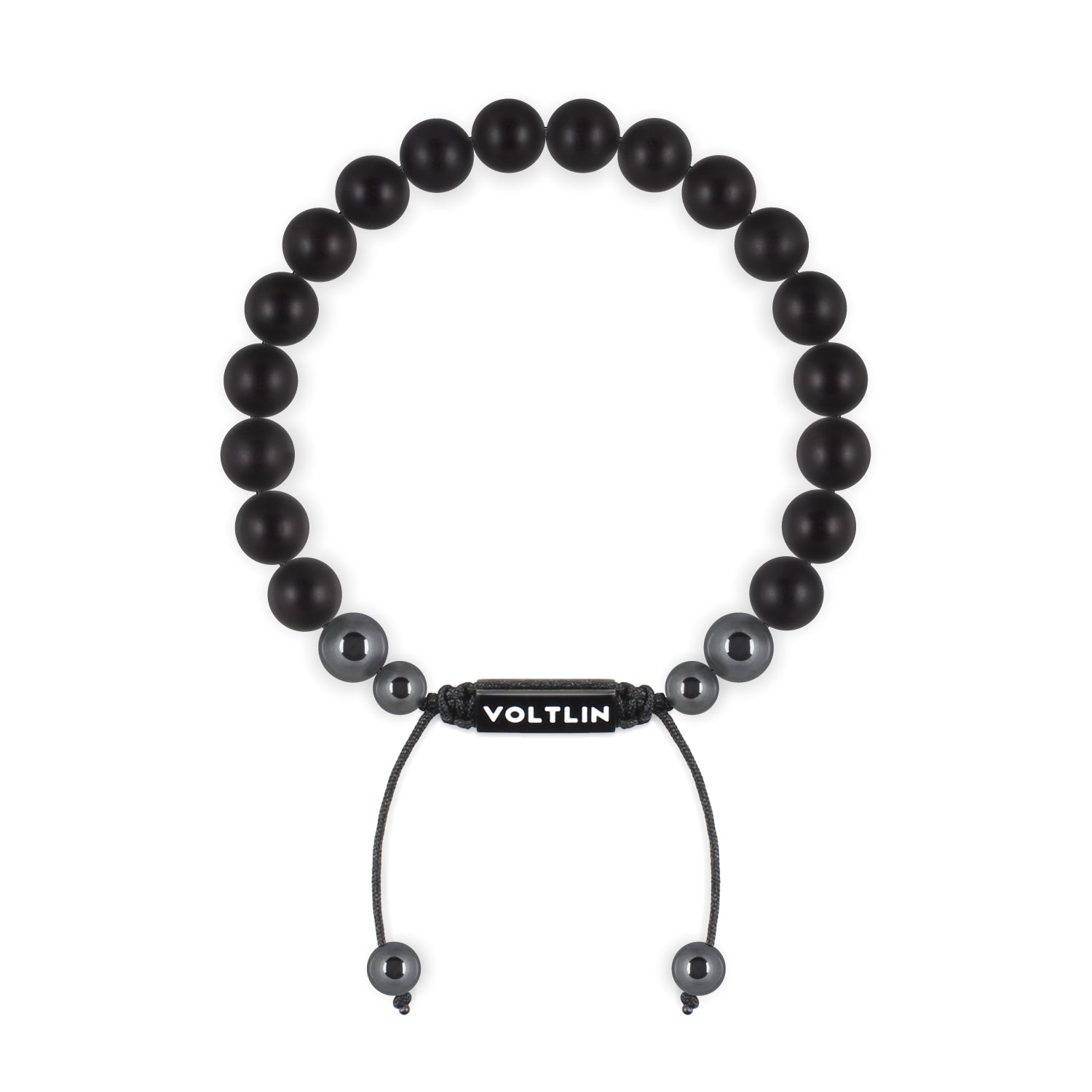 Front view of an 8mm Matte Onyx crystal beaded shamballa bracelet with black stainless steel logo bead made by Voltlin