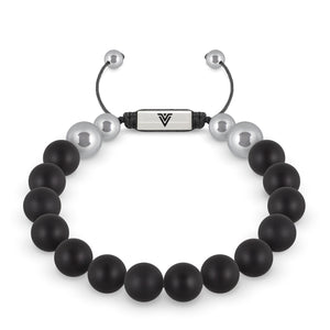 Front view of a 10mm Matte Onyx beaded shamballa bracelet with silver stainless steel logo bead made by Voltlin