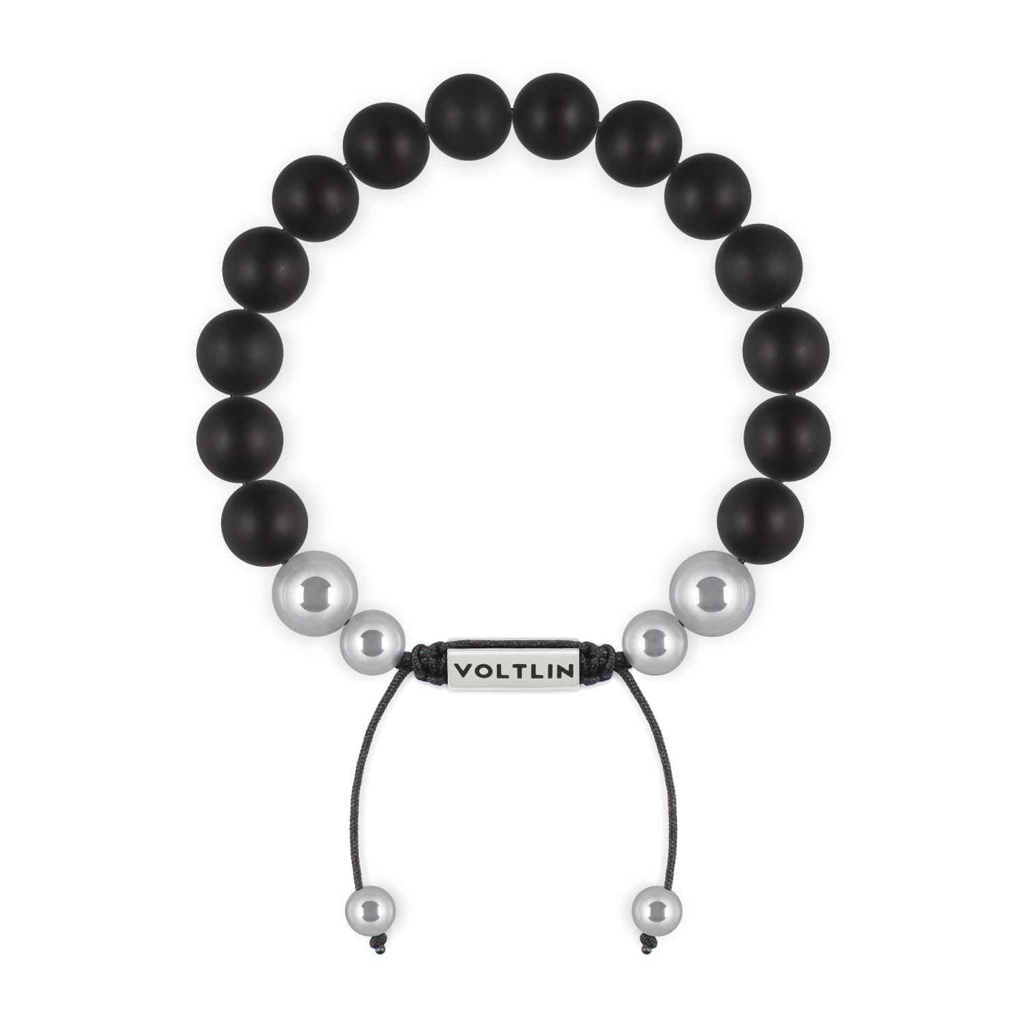 Top view of a 10mm Matte Onyx beaded shamballa bracelet with silver stainless steel logo bead made by Voltlin