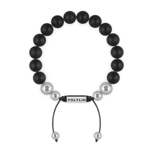 Top view of a 10mm Matte Onyx beaded shamballa bracelet with silver stainless steel logo bead made by Voltlin