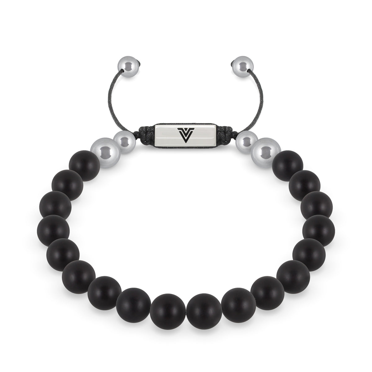 Front view of an 8mm Matte Onyx beaded shamballa bracelet with silver stainless steel logo bead made by Voltlin