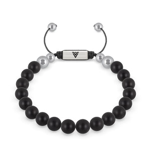 Front view of an 8mm Matte Onyx beaded shamballa bracelet with silver stainless steel logo bead made by Voltlin