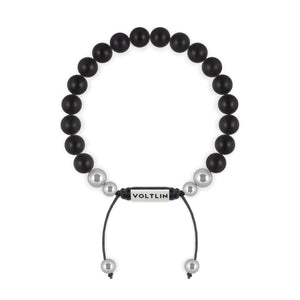 Top view of an 8mm Matte Onyx beaded shamballa bracelet with silver stainless steel logo bead made by Voltlin