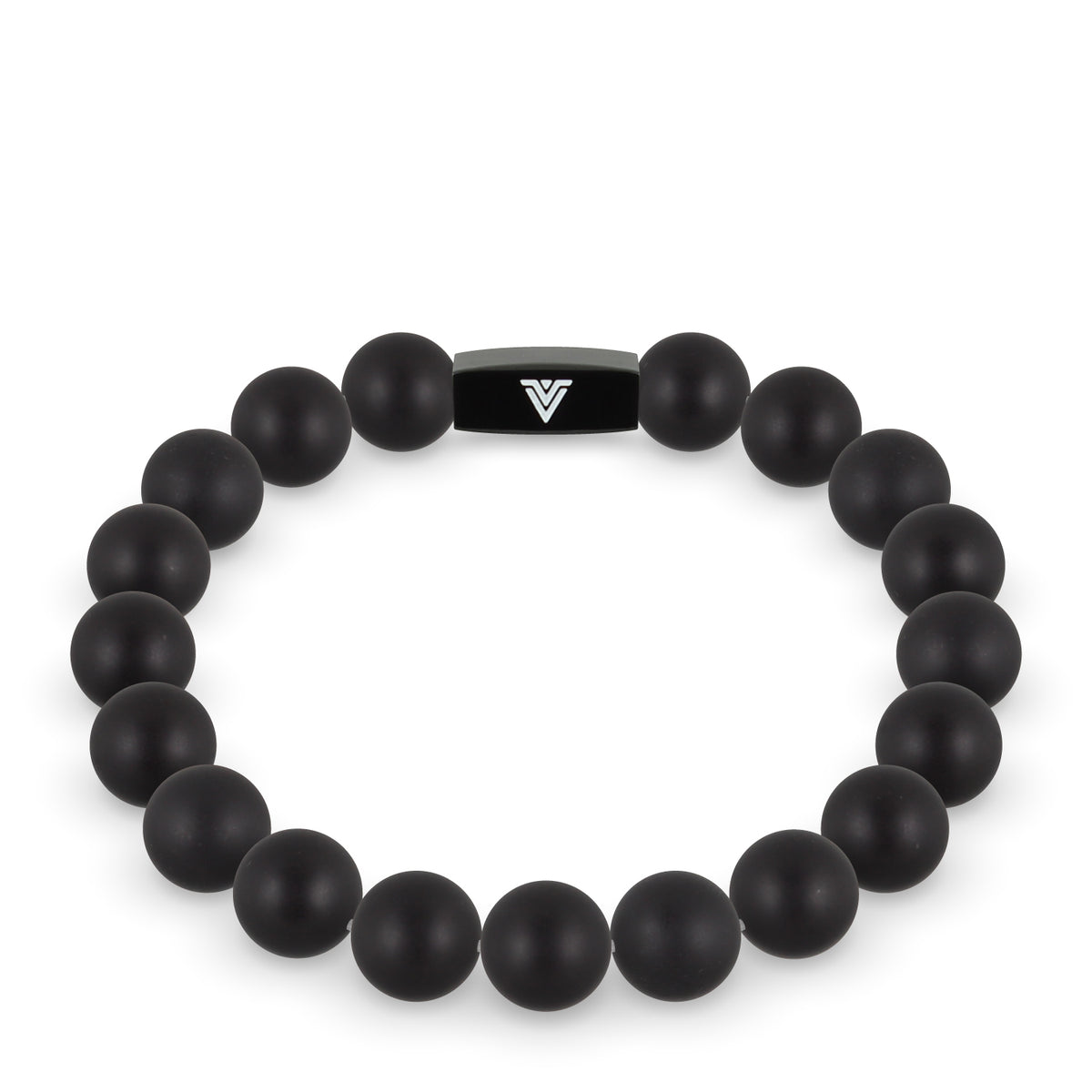 Front view of a 10mm Matte Onyx crystal beaded stretch bracelet with black stainless steel logo bead made by Voltlin